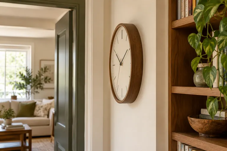 Side view of a generic wall clock near a doorway and bookshelf