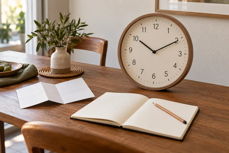 Generic analog wall clock beside a notebook and instruction leaflet