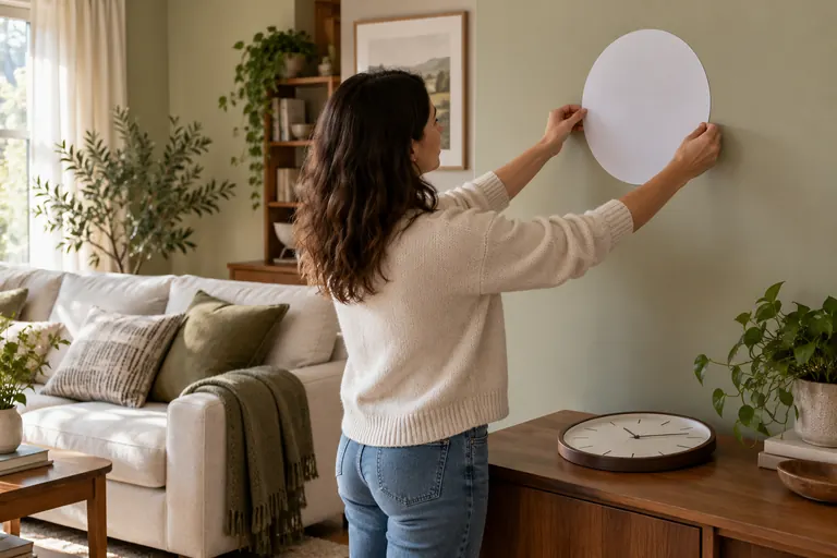 Person holding a round paper outline against a wall before mounting a clock