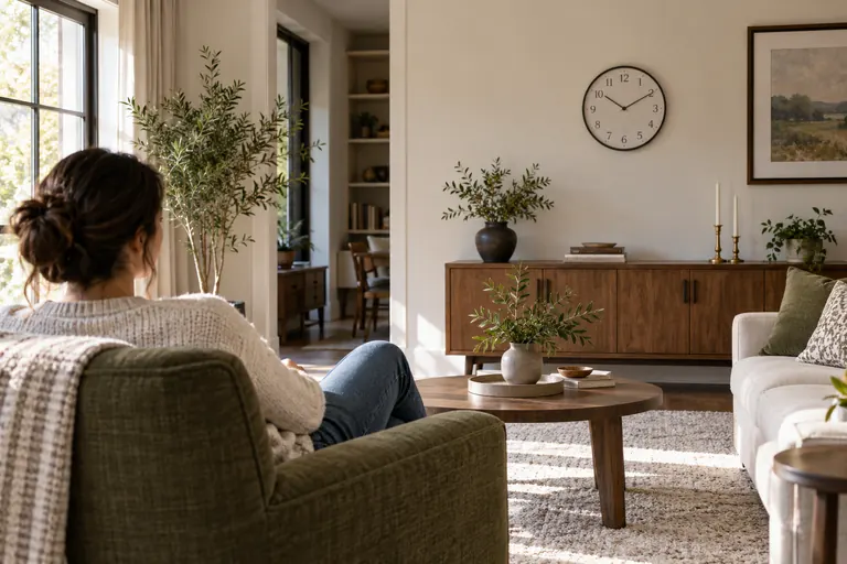 Person reading a generic wall clock from a living room chair