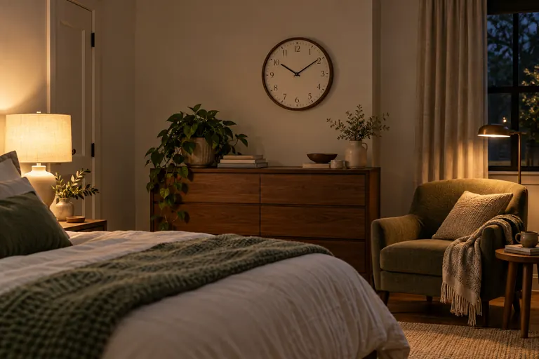 Generic wall clock above a dresser in a softly lit bedroom
