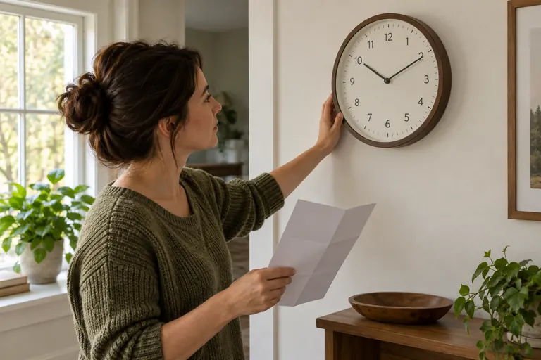 Person checking a generic wall clock with an instruction leaflet