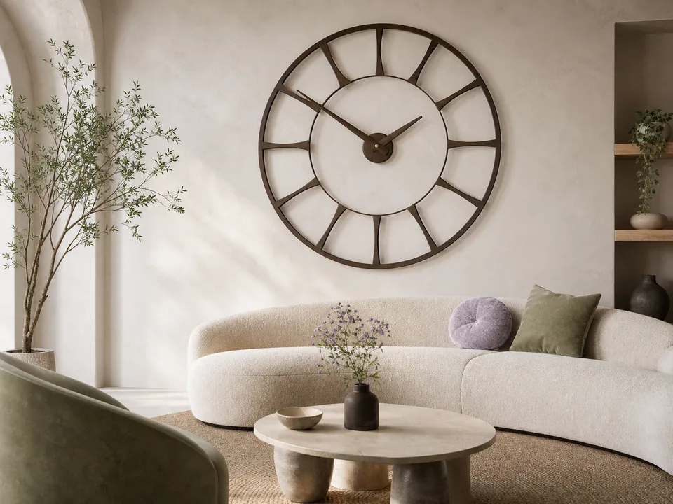 Large open-face wall clock above a sofa in a living room